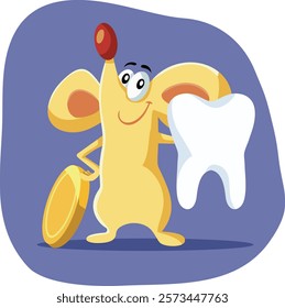 
Little Mouse Tooth Fairy Holding a Molar Vector Cartoon illustration
Cheerful magical rat holding a tooth giving a coin as gift 
