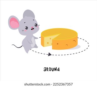 Pequeño ratón caminando alrededor del queso como preposición en inglés para la ilustración de vectores de actividad educativa