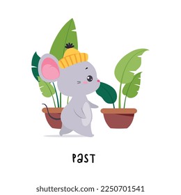 Little Mouse Walking Past Houseplant as English Language Preposition for Educational Activity Vector Illustration