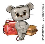 Little Mouse wants to go to school. Backpack and books. A cute baby animal dreams of learning. Picture in cartoon style. Isolated over white background. Vector.
