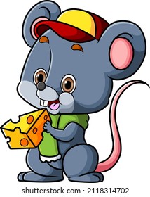 The little mouse is wearing hat and scarf while eating cheese of illustration
