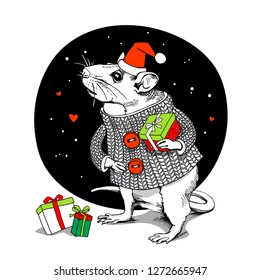 Little Mouse in a white knitted pullover with red buttons, in a Santa's cap and with gift box at a snow night. Christmas and New Year card, t-shirt composition, handmade vector illustration.
