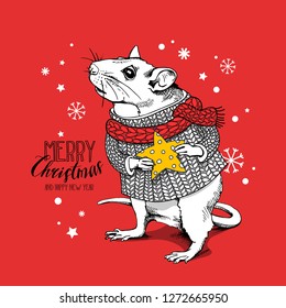 Little Mouse in a white knitted pullover and red scarf, with a yellow star. Merry Christmas – lettering quote. New Year card, t-shirt composition, handmade vector illustration.