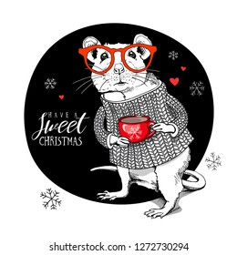 Little Mouse in a white knitted pullover, in a glasses, with red cup of coffee. Have a sweet Christmas – lettering quote. New Year card, t-shirt composition, handmade vector illustration.