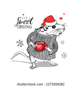 Little Mouse in a white knitted pullover, in a Santa's cap, with red cup of coffee. Have a sweet Christmas – lettering quote. New Year card, t-shirt composition, handmade vector illustration.