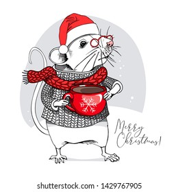 Little Mouse in a white knitted pullover, in a glasses, with red cup of coffee. Merry  Christmas – lettering quote. New Year card, t-shirt composition, handmade vector illustration.