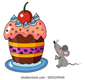 Little mouse will eat the big cake. Colored vector, for card or gift. Celebration. 