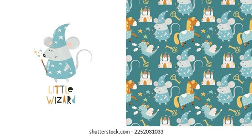 Little Mouse wizard, medieval knight castle, cute dragon, knight horse pattern Vector illustration