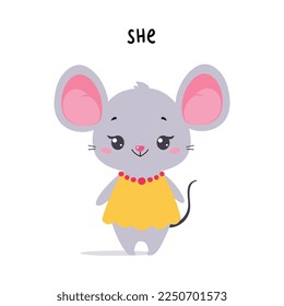 Little Mouse in Yellow Dress as She English Subject Pronoun for Educational Activity Vector Illustration