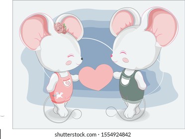 Little mouses couple boy and girl in jeans with pink heart . Picture in hand drawing style 