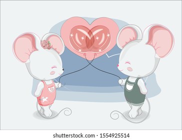 Little mouses couple boy and girl with balloons in jeans. Picture in hand drawing style 