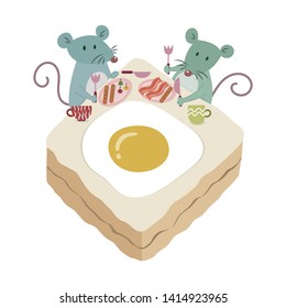 Little mouses having meal using bread as a table. Mice eating food bread, fried egg, hotdog, bacon, and cup of drink. Cute mouse pastel vector cartoon illustration. 