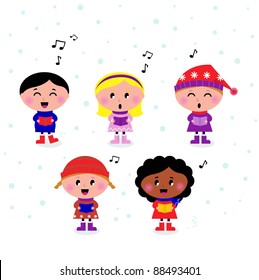 Little multicultural Kids singing Christmas Carol. Vector cartoon.