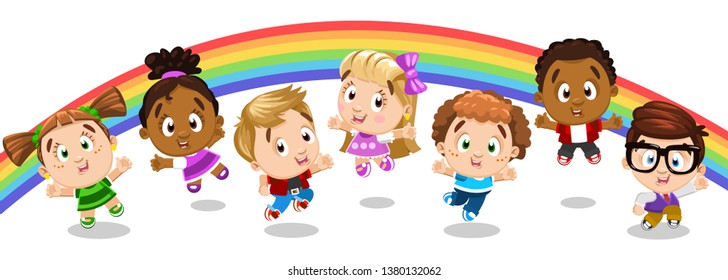 Little multiracial boys and girls dancing, jumping, skipping, having fun, moving near rainbow. Cartoon vector illustration on white background. Concept of happy careless childhood.