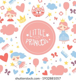 Little Mums Princess Banner Template, Baby Girl Shower and Birthday Party Design with Cute Childish Seamless Pattern Vector Illustration