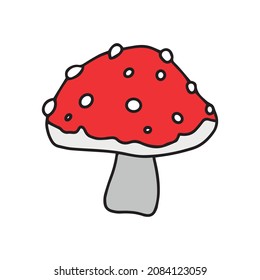 Little Mushroom simple cute vector doodle autumn illustration in cartoon style, one line, red color isolated on white background, single hand drawn element for design. Fly agaric, amanita