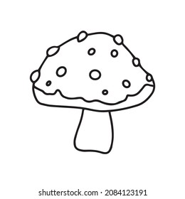Little Mushroom simple cute vector doodle autumn illustration in cartoon style, one line, black color isolated on white background, single hand drawn element for design. Fly agaric, amanita