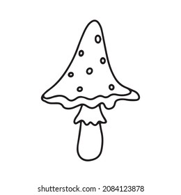 Little Mushroom simple cute vector doodle autumn illustration in cartoon style, one line, black color isolated on white background, single hand drawn element for design. Fly agaric, amanita