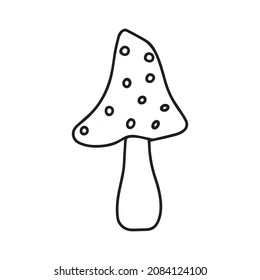 Little Mushroom simple cute vector doodle autumn illustration in cartoon style, one line, black color isolated on white background, single hand drawn element for design. Fly agaric, amanita