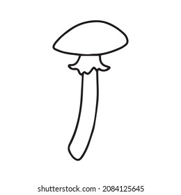 Little Mushroom simple cute vector doodle autumn illustration in cartoon style, one line, black color isolated on white background, single hand drawn element for design.
