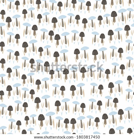 Little mushrooms seamless isolated pattern. Doodle autumn print with brown and blue fungus elements on white background. Designed for wallpaper, textile, wrapping, fabric print. Vector illustration.