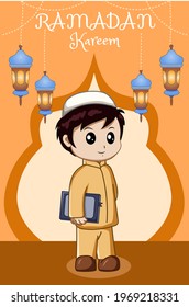 Little muslim boy carrying book at ramadan kareem cartoon illustration