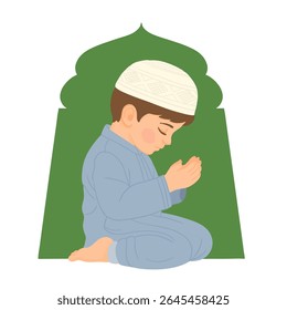 Little muslim boy praying. boy cartoon praying.