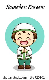 Little muslim boy at ramadan kareem cartoon illustration