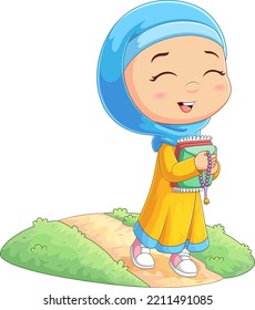 The little muslim girl is going to the mosque for praying of illustration