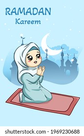 Little Muslim Girl Praying At Ramadan Kareem Cartoon Illustration