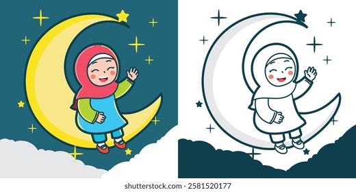 A little Muslim girl sits on a crescent moon for a design element or coloring book element