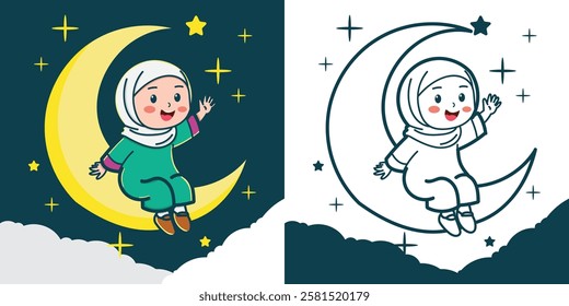 A little Muslim girl sits on a crescent moon for a design element or coloring book element