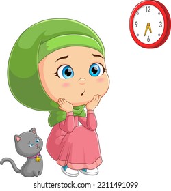 The little muslim girl is sitting with the cat and looking into the clock of illustration