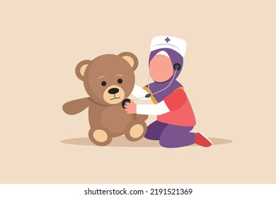 Little muslim girl with little girl with
stethoscope examining doll patient. kindergarten activity concept. Flat vector illustration isolated.