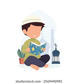 Little Muslim Kid Boy reading Quran with burning lantern on arabic door in crescent moon night and mosque background