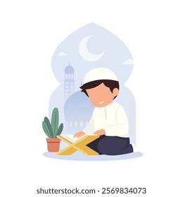 Little Muslim Kid Boy reading Quran on arabic door in crescent moon night with mosque background