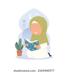 Little Muslim Kid Girl reading Quran on arabic door in crescent moon night with mosque background