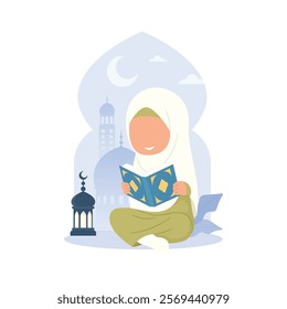 Little Muslim Kid Girl reading Quran with burning lantern on arabic door in crescent moon night and mosque background