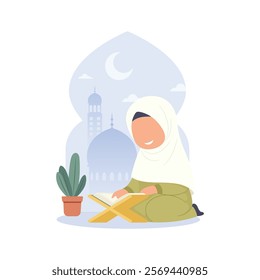 Little Muslim Kid Girl reading Quran on arabic door in crescent moon night with mosque background