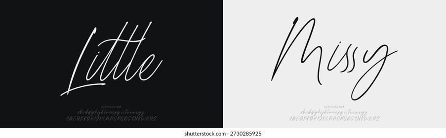 Little Mussy, Script elegante Schriftart Alphabet Logo. Typografie Beauty Mode Luxus klassischen Buchstaben Serif Schriftarten dekorative Hochzeit Vintage Retro-Logos. Vektorgrafik
