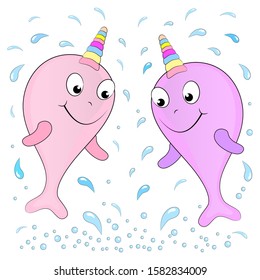 little narwhals. cartoon vector illustration on a white background.