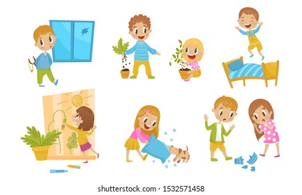 Little Naughty Kid Characters Doing Tricks Vector Illustrations.