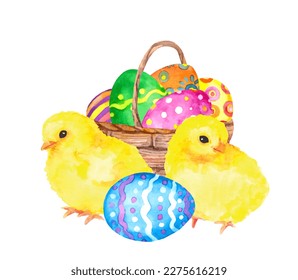 Little new born chicks and basket with Easter eggs. Watercolor vector design element for holiday card with cute small birds 