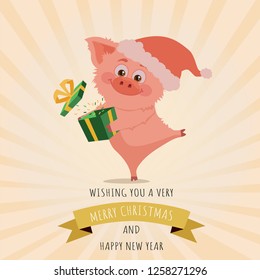Little new year piggy with Christmas Santa’s Red Cap and boxing box. The year of pig Vector. Chinese symbol of the 2019. Excellent festive gift card. Illustration on yellow background