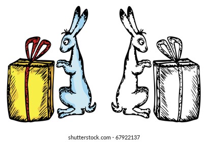 Little New Year rabbit with the present. Colored and black and white image on their own layers.
