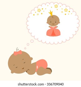 Little newborn afro American girl sleeps and has dreams about the princess and stars. Sleeping baby girl. Vector illustration