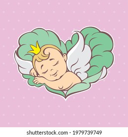 A little newborn baby girl with angel wings and a crown, sleeping in a heart-shaped cabbage. Vector design element in a charming vintage style. Logo sign, graphic illustration for a card or banner.