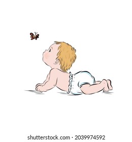 Little newborn baby looks at a flying butterfly. Hand drawn vector clip art. Illustration for a children's book with fairy tales, postcards, interior poster