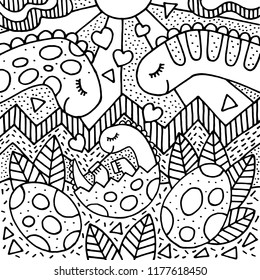 Little Newborn Dinosaur. Baby Dino With Parents. Coloring Page. Vector Illustration.