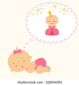 Little newborn girl sleeps and has dreams about the princess and stars. 
Sleeping baby girl. Vector illustration